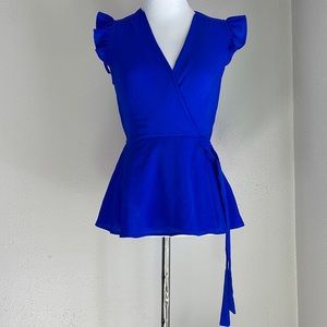 Beautiful Cobalt Blue Ruffle Sleeves Summer Blouse